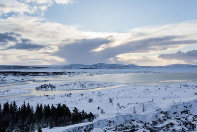 Scenic view of snowcapped mountains against sky