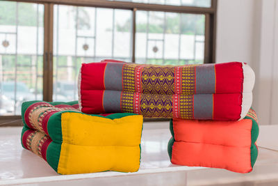 Close-up of multi colored mattress on table at home