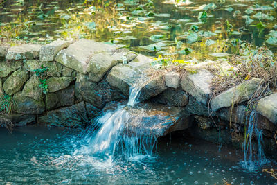 Aerial view of river flowing through rocks