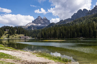 Scenic view of lake and mountains against sky