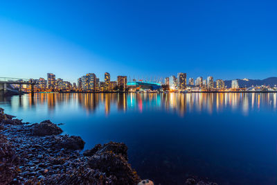 Illuminated buildings by river against clear blue sky