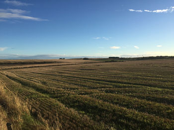 Hay bales on field against cloudy sky