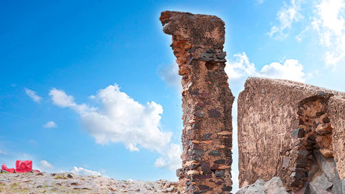 Low angle view of old ruin building against sky