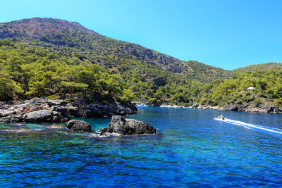 Scenic view of sea against clear blue sky