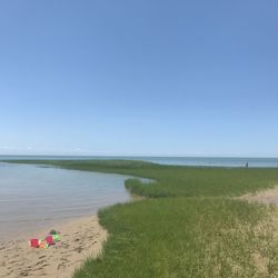 Scenic view of sea against clear blue sky