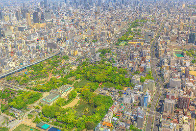 High angle view of city buildings