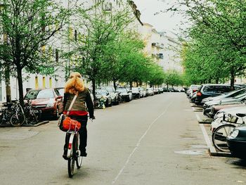 Rear view of woman riding bicycle on city street by trees