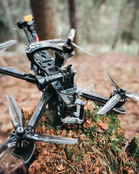 High angle view of bicycle parked on field