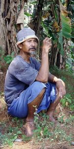 Rear view of man sitting on land in forest