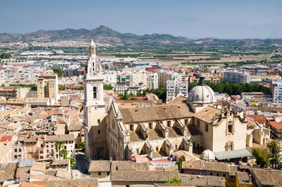 High angle view of buildings in town