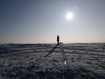 Person standing on snow covered landscape against sky