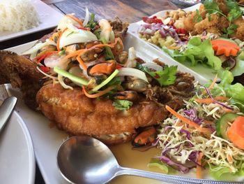 High angle view of food in plate on table