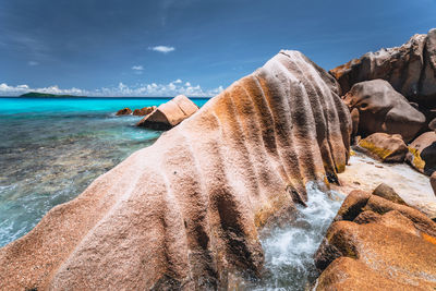 Rock formations in sea against sky