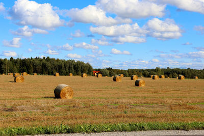 Hay bales on field against sky