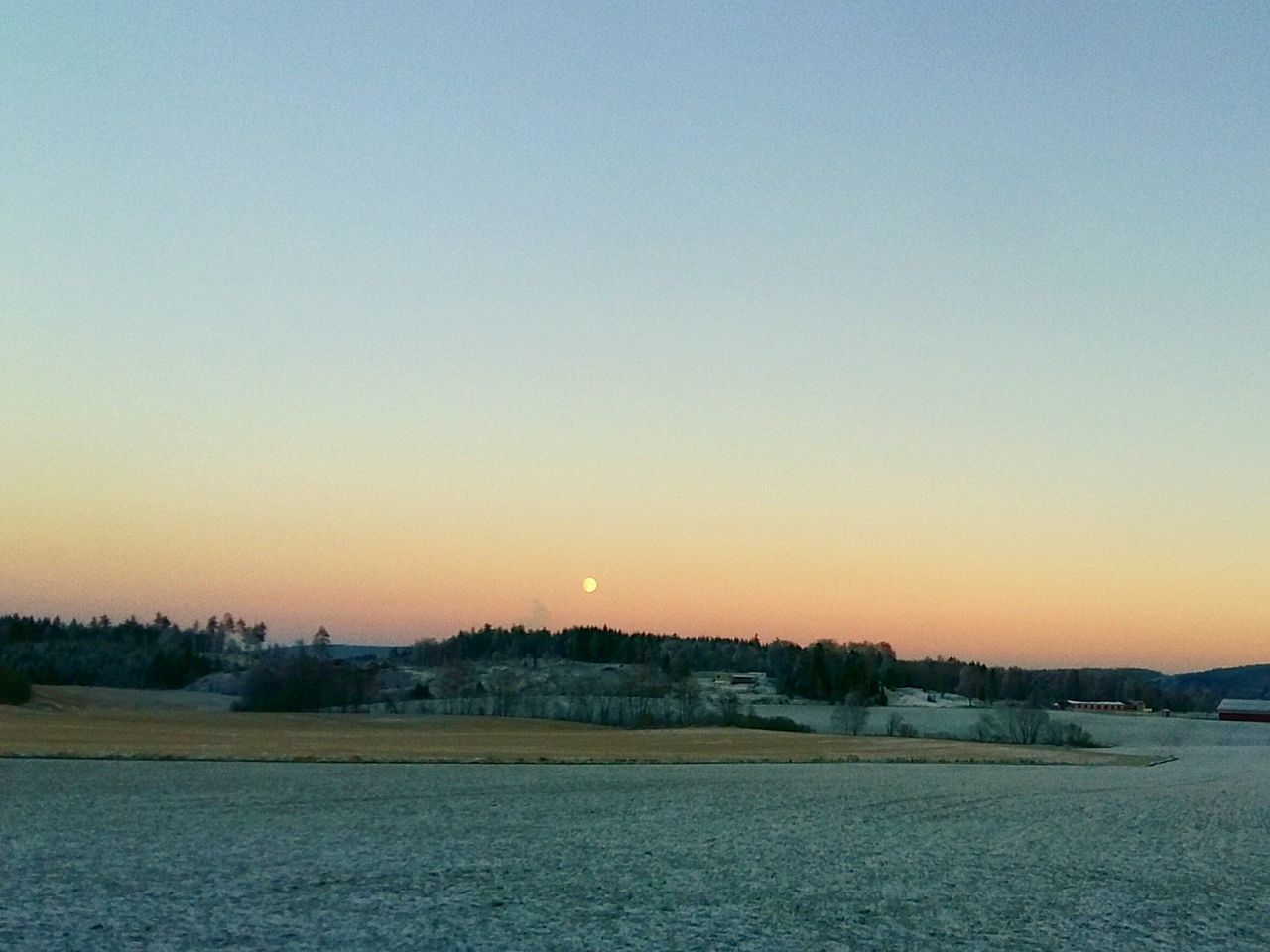 sunset, copy space, clear sky, building exterior, built structure, orange color, landscape, architecture, tranquil scene, tranquility, winter, scenics, cold temperature, snow, nature, beauty in nature, house, outdoors, no people, field