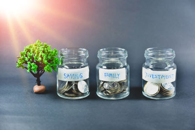 Close-up of coins in jar on table