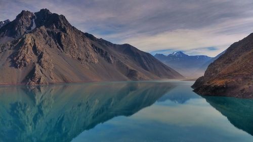 Scenic view of lake by mountains against sky