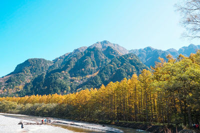 Scenic view of mountains against clear blue sky