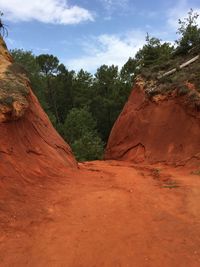 Rock formation amidst trees against sky