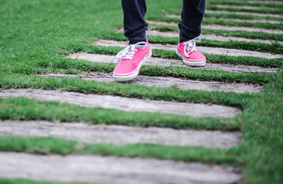 Low section of man walking on footpath amidst grass