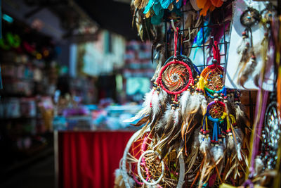 Close-up of multi colored dreamcatchers for sale in market