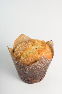 High angle view of bread against white background