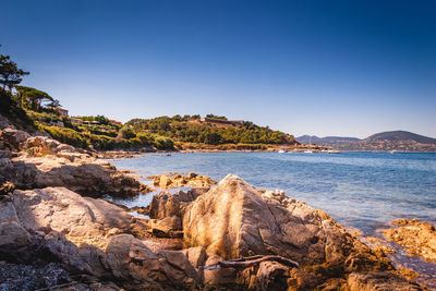 Scenic view of sea against clear blue sky