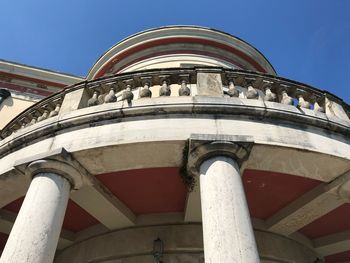 Low angle view of historical building against clear blue sky