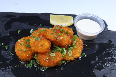 High angle view of food in plate on table