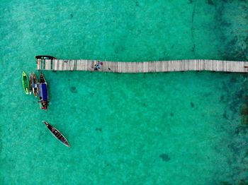 High angle view of boats moored on sea