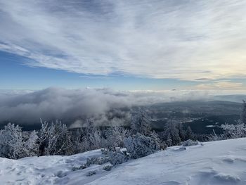 Snow covered landscape against sky