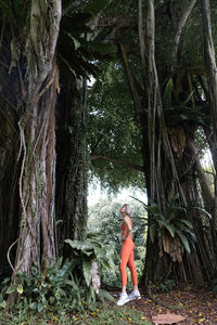 An attractive caucasian blonde is doing sports under the ancient sacred banyan tree in a park