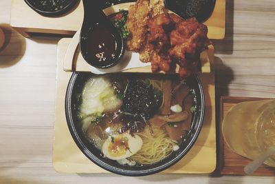 High angle view of meal served on table