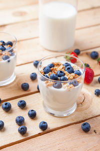 High angle view of breakfast served on table