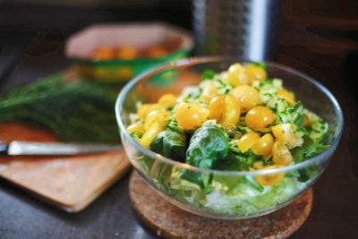 High angle view of chopped vegetables in bowl on table