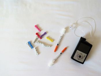 High angle view of medical equipment on table