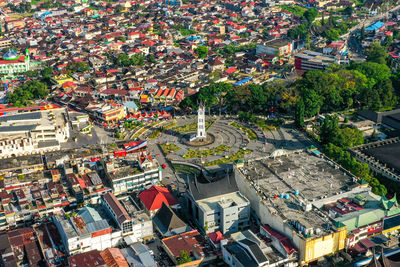 High angle view of buildings in city