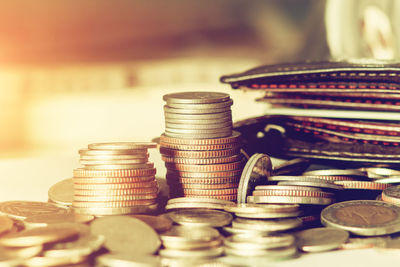 Close-up of coins on table