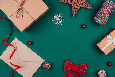 High angle view of christmas decorations on table