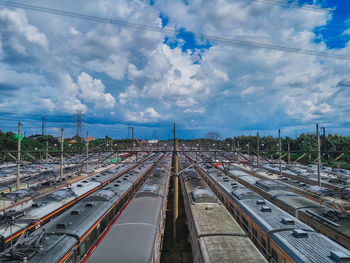 High angle view of train against sky