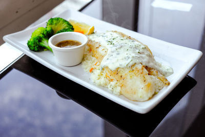 High angle view of meal served on table
