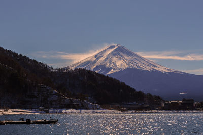 Scenic view of snowcapped mountains against sky during winter