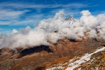 Scenic view of snow covered mountains against sky