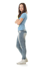 Portrait of a smiling young woman against white background