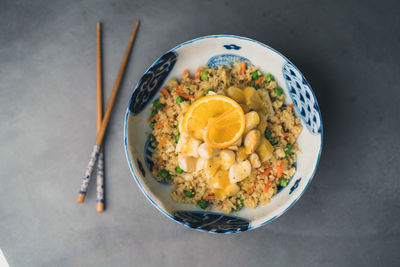 High angle view of breakfast served on table