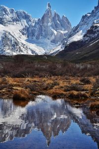 Scenic view of lake and snowcapped mountains against sky