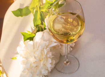 One glass of white wine and a white peony flower on a white table, top view. relax