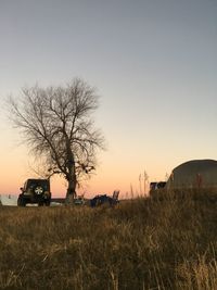 Bare tree on agricultural field against sky during sunset