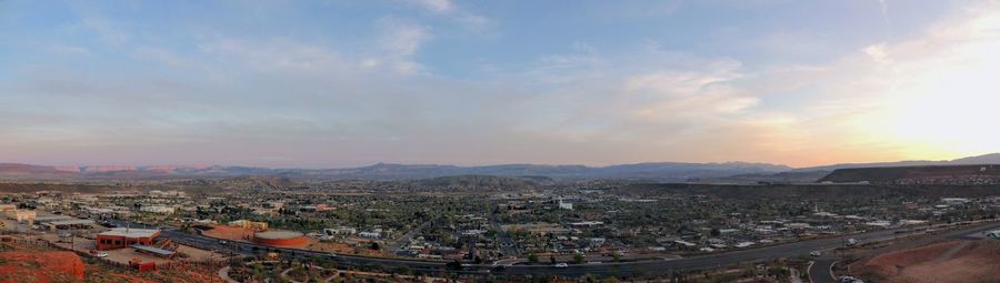High angle view of townscape against sky during sunset