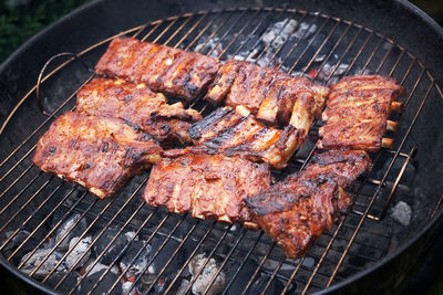 High angle view of food on barbecue grill